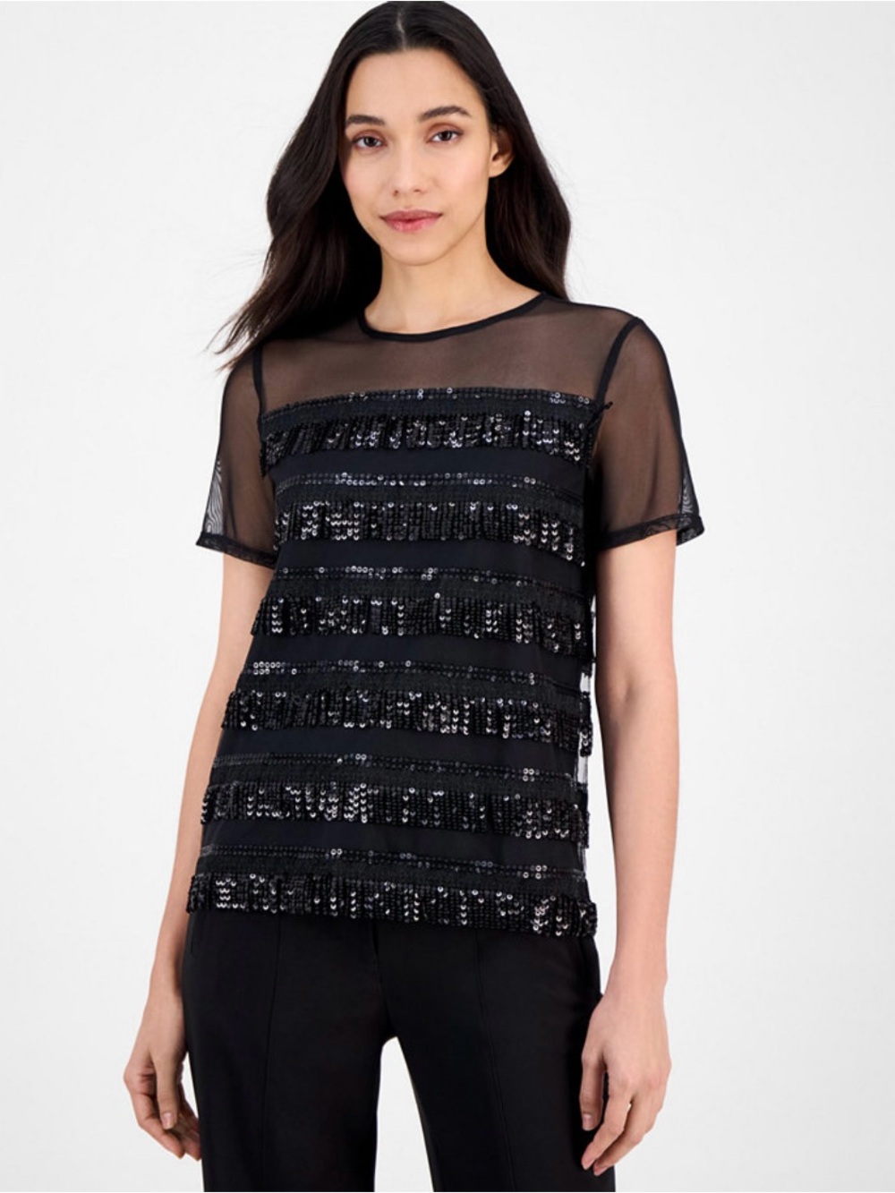 Anne Klein Women’s Crewneck Sequin Fringe Top M